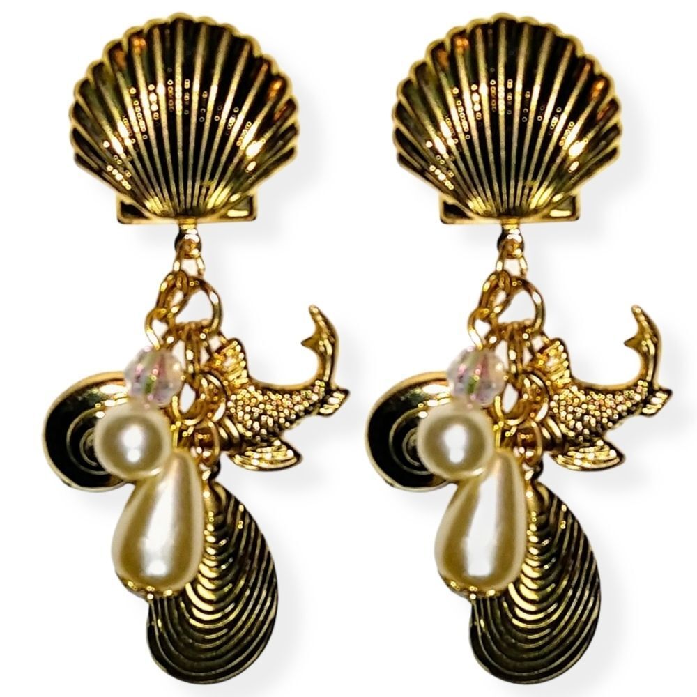 Gold Vintage Nautical Shell Beachy Dangle Earrings with Snail